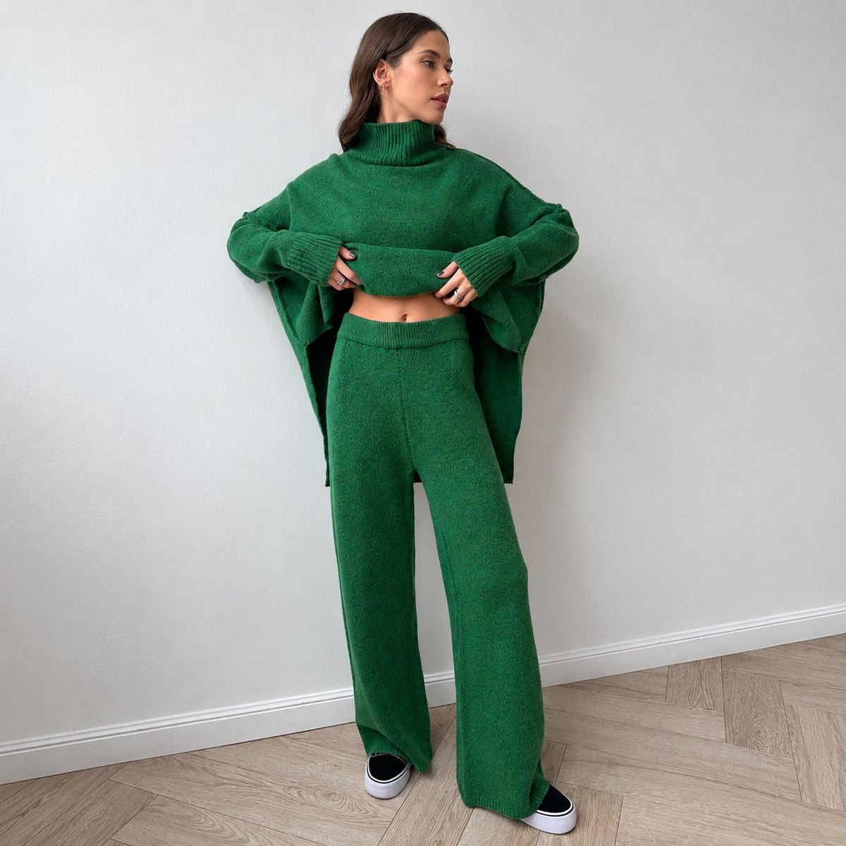 Pant Set for Women - Turtleneck Sweater and Wide Leg Pants, Oversized Fit