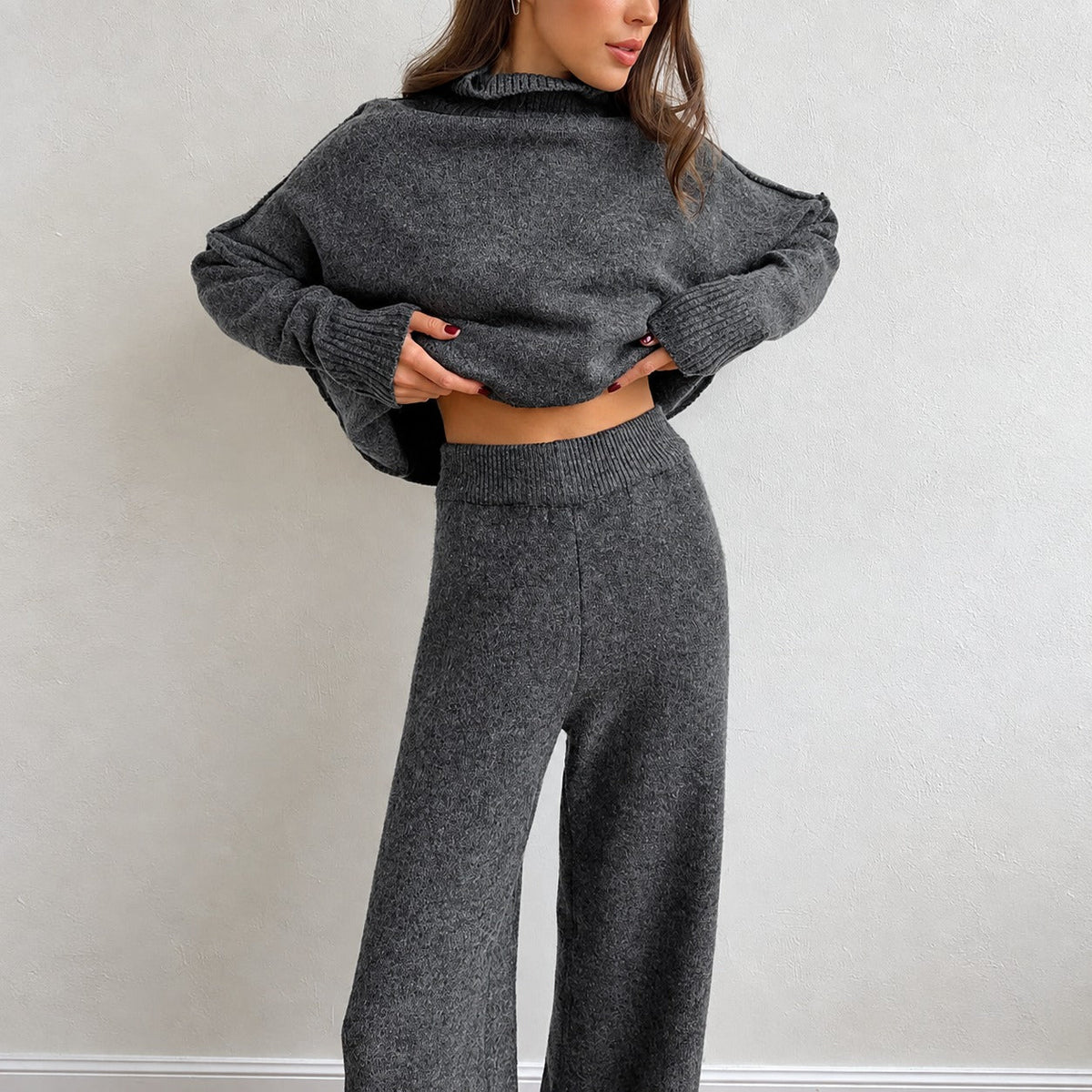 Pant Set for Women - Turtleneck Sweater and Wide Leg Pants, Oversized Fit