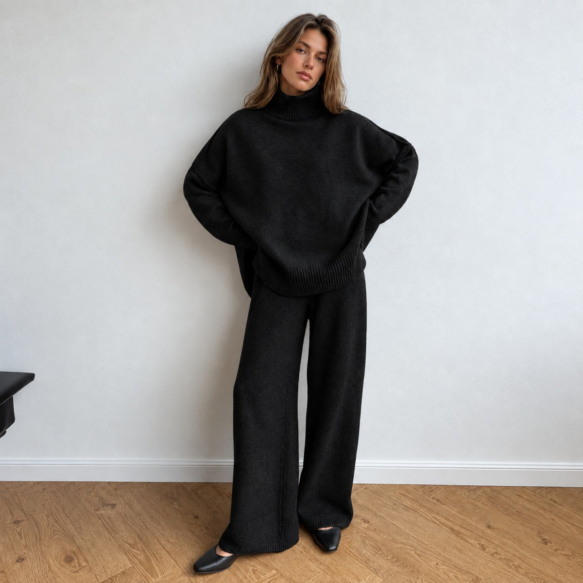 Pant Set for Women - Turtleneck Sweater and Wide Leg Pants, Oversized Fit