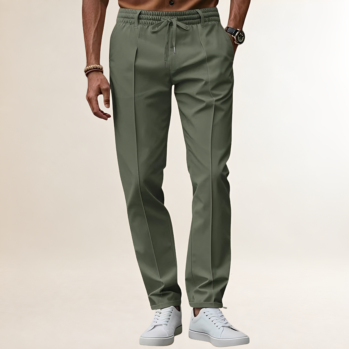 Pants for Men - Elastic Waist with Adjustable Drawstring and Crease Line