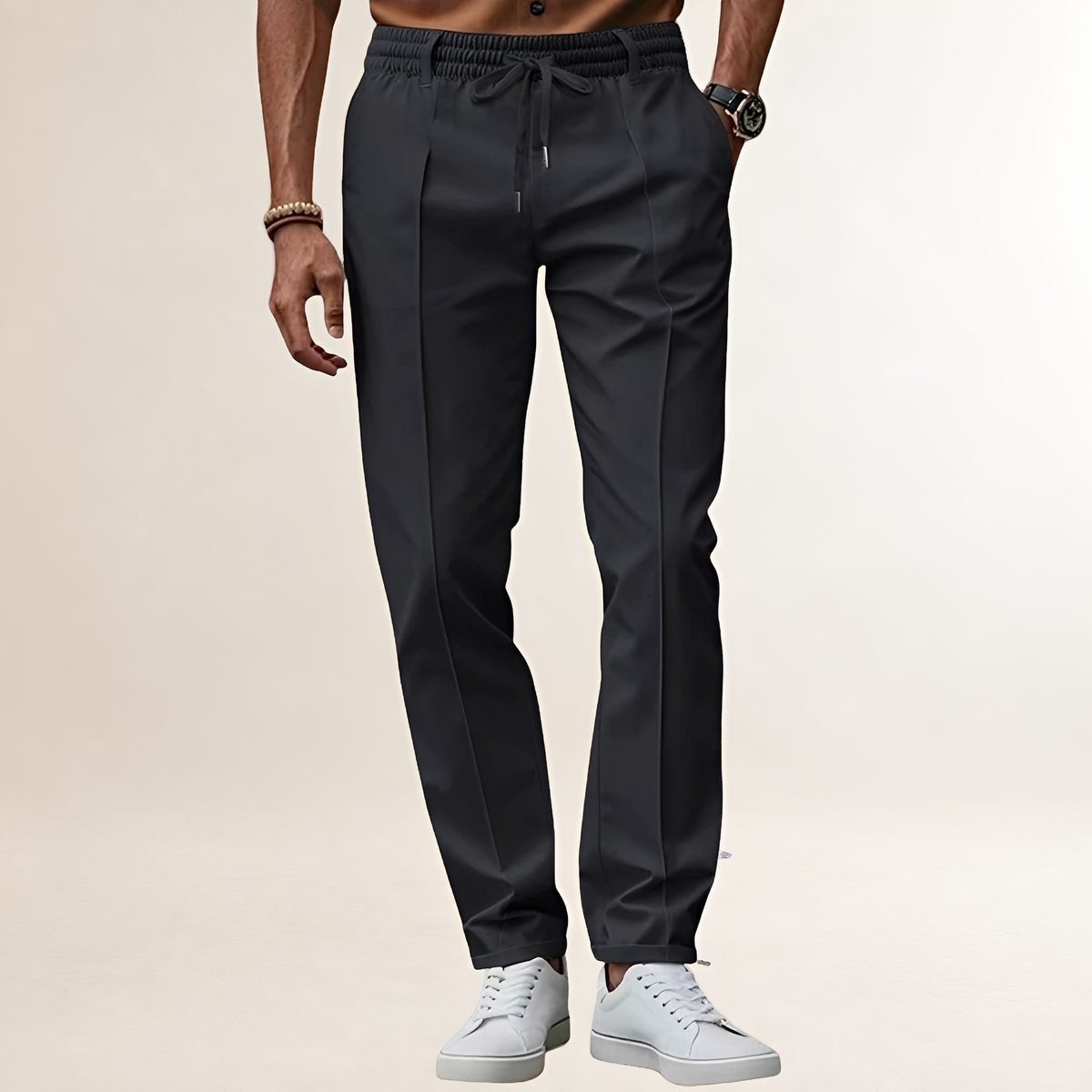 Pants for Men - Elastic Waist with Adjustable Drawstring and Crease Line