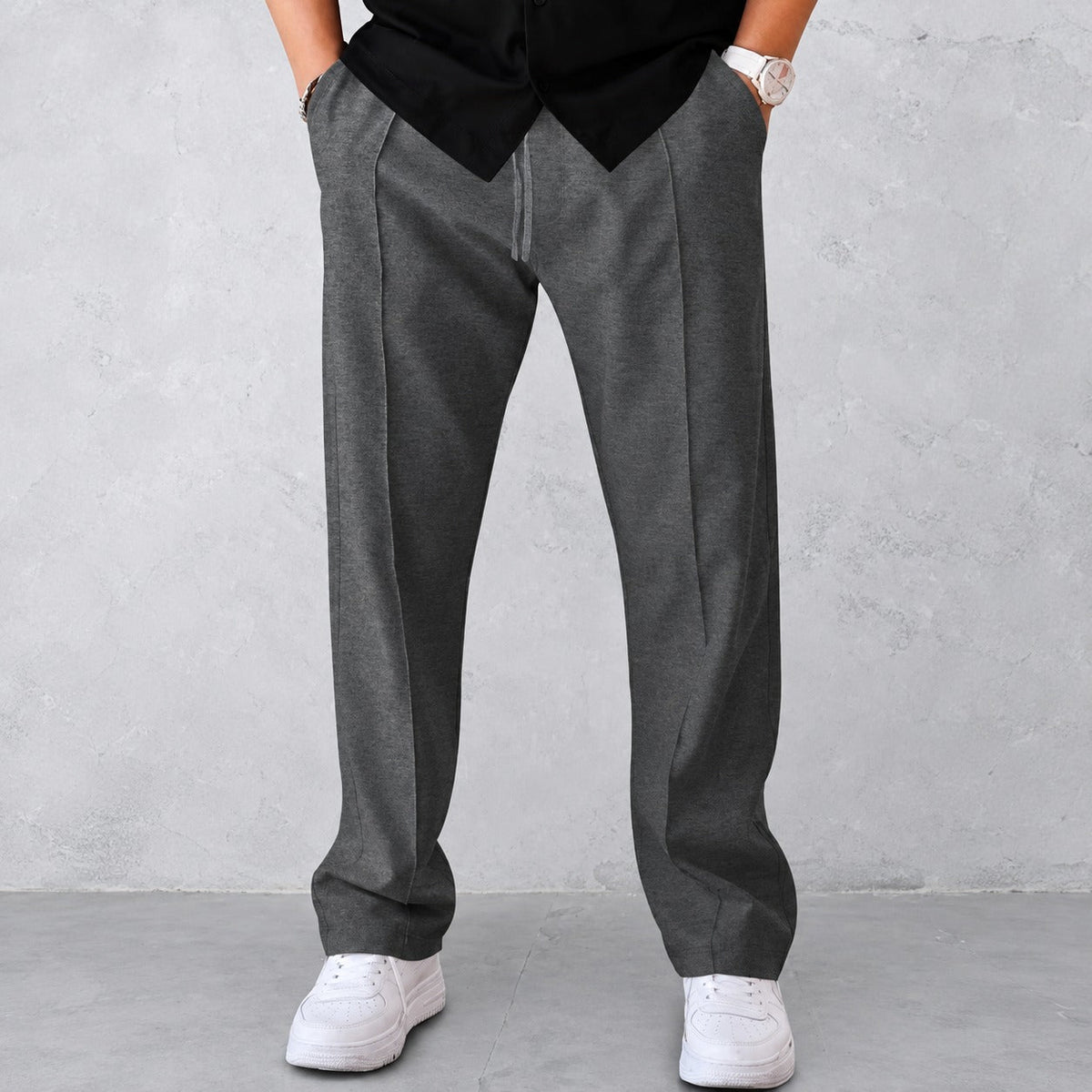 Pants for Men - Pleated Design with Elastic Waist and Side Pockets