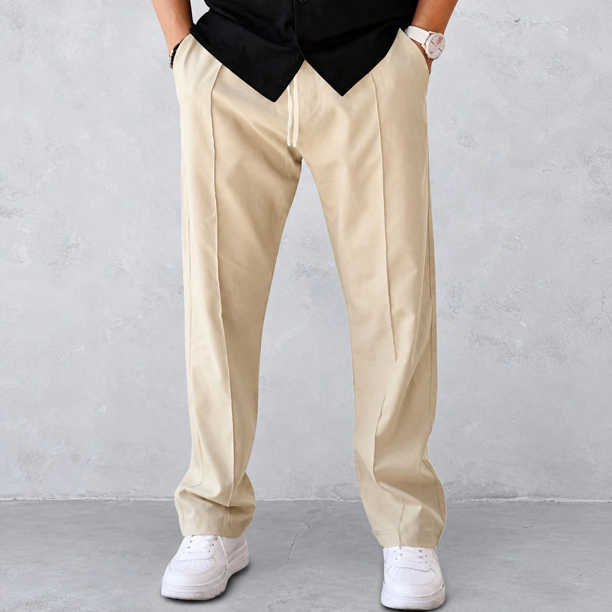Pants for Men - Pleated Design with Elastic Waist and Side Pockets