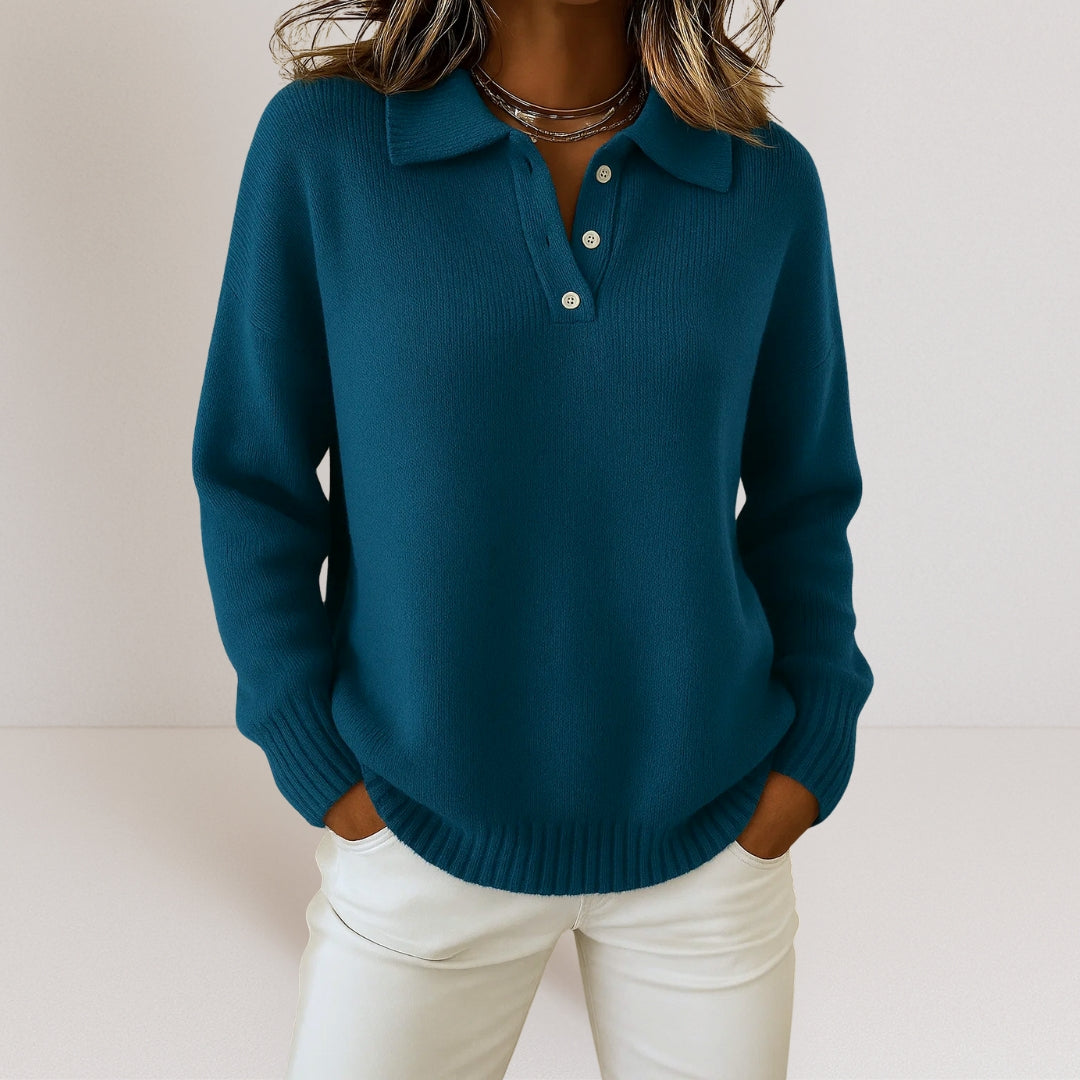 Pullover Sweater for Women - Polo Collar with Button Closure and Relaxed Fit