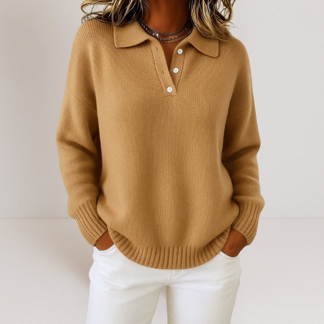 Pullover Sweater for Women - Polo Collar with Button Closure and Relaxed Fit