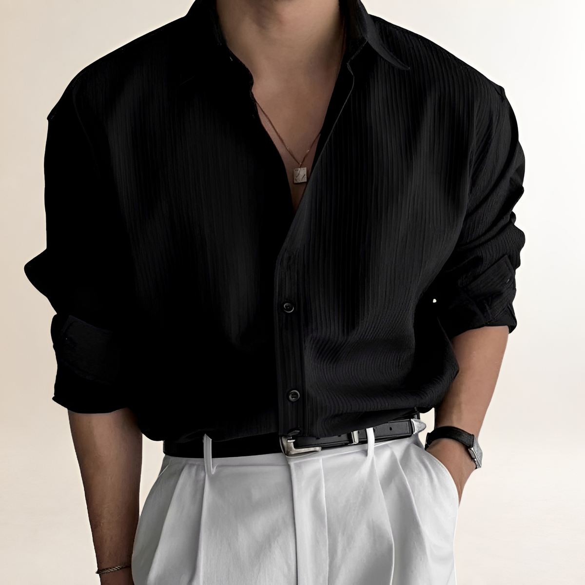 Shirt Men Long Sleeve Pleated Design - Relaxed Fit