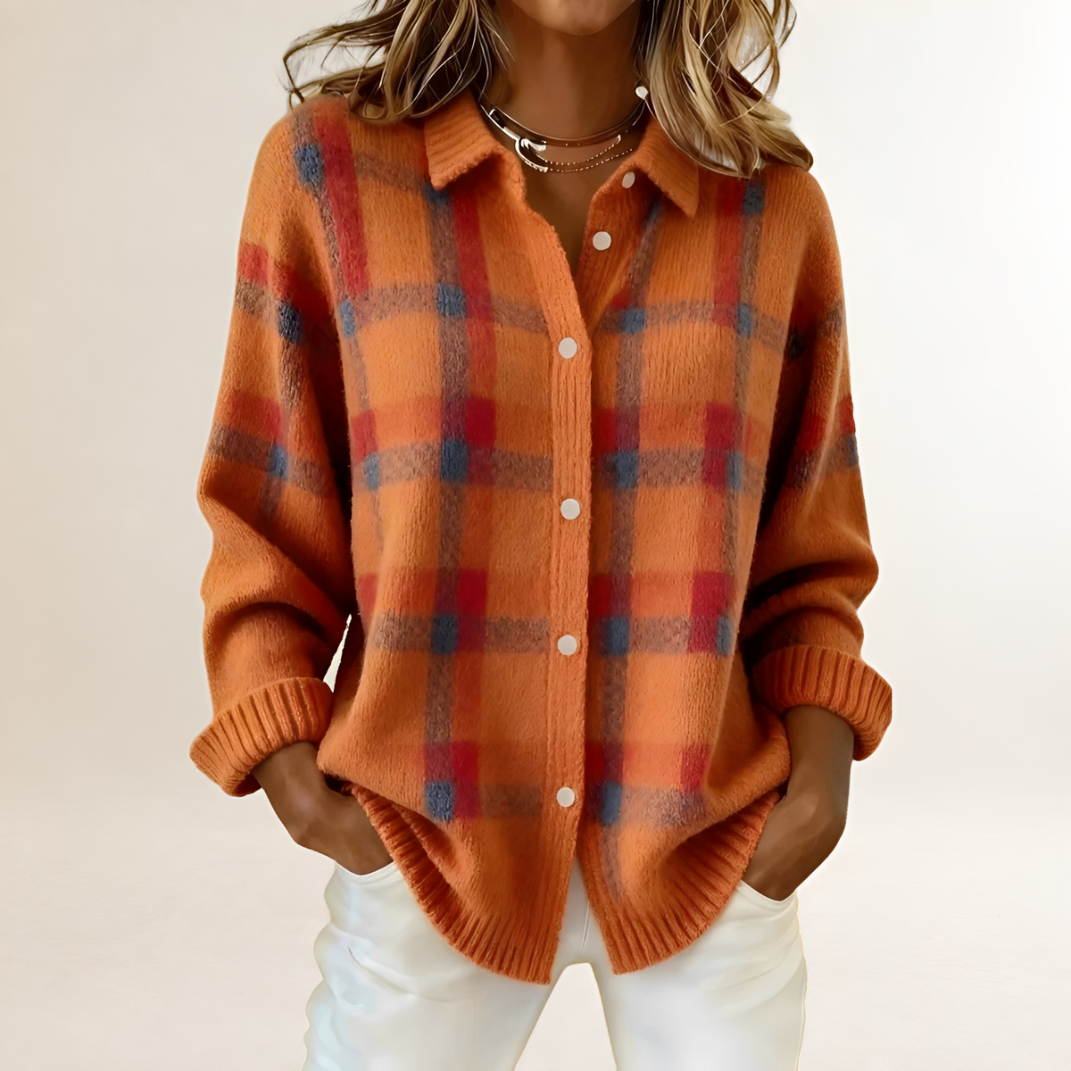 Stylish Cardigan for Women - Plaid Pattern with Button Closure and Relaxed Fit