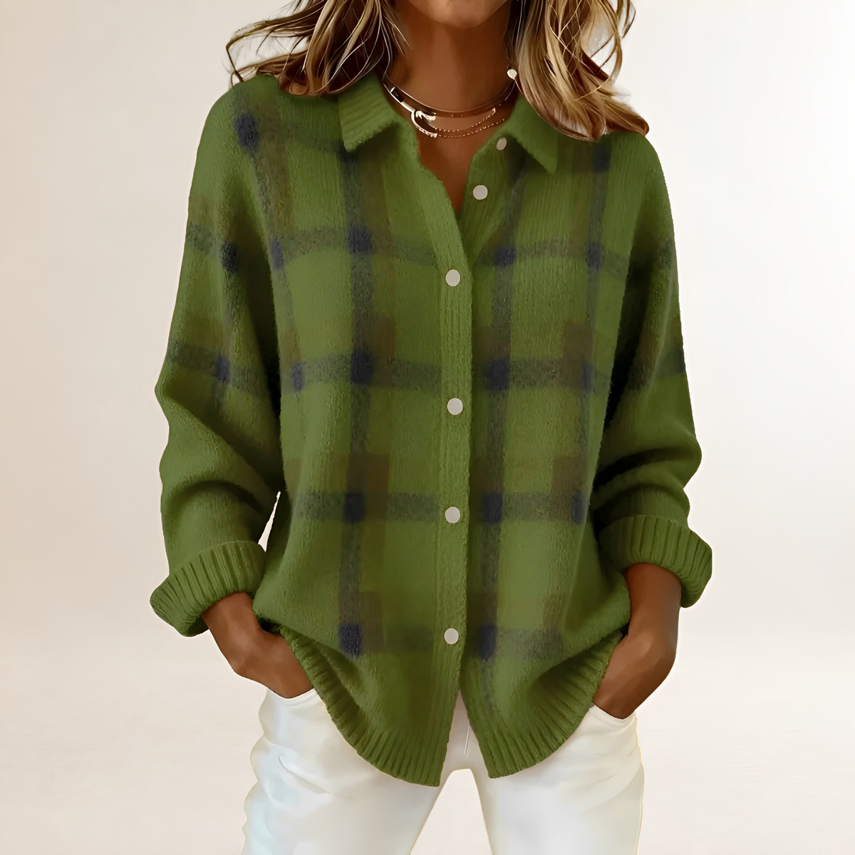 Stylish Cardigan for Women - Plaid Pattern with Button Closure and Relaxed Fit
