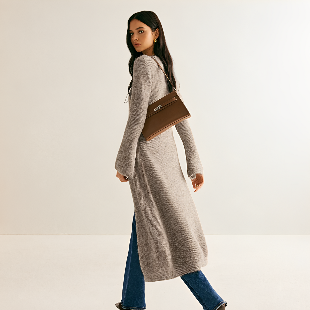 Sweater Dress Women V-Neck Button Front Long Cardigan - Relaxed Fit