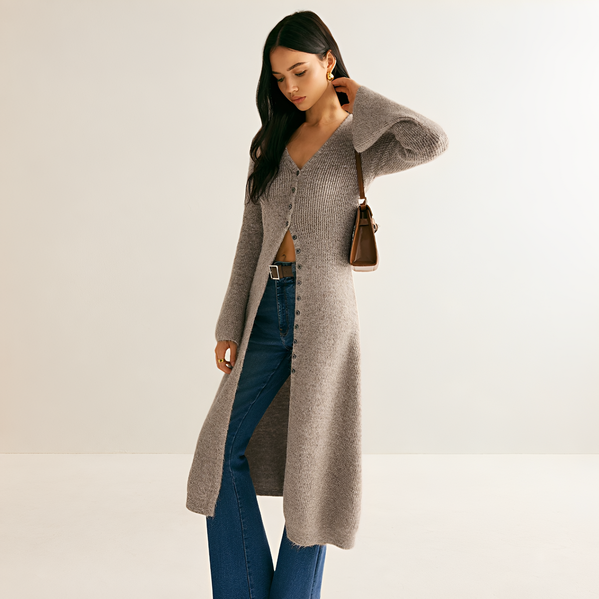 Sweater Dress Women V-Neck Button Front Long Cardigan - Relaxed Fit