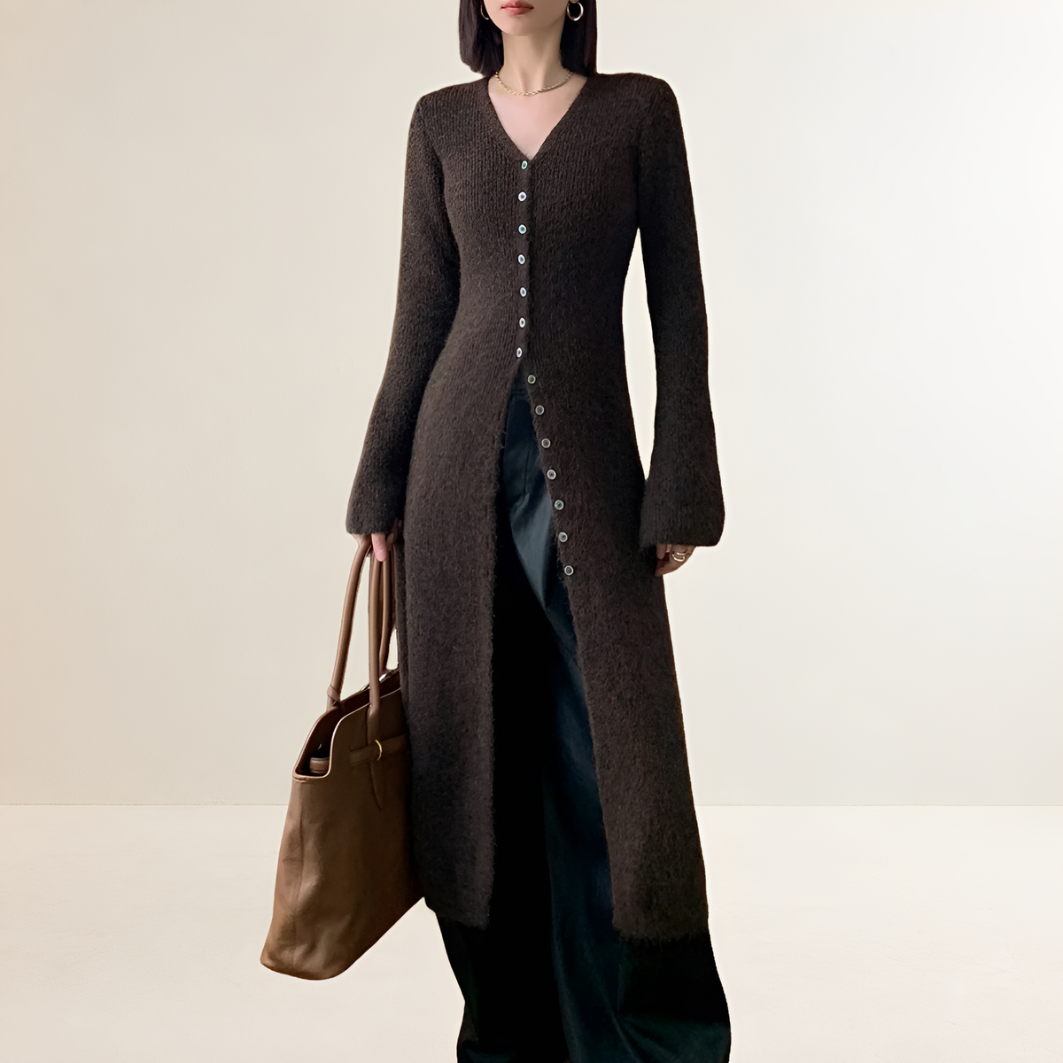 Sweater Dress Women V-Neck Button Front Long Cardigan - Relaxed Fit