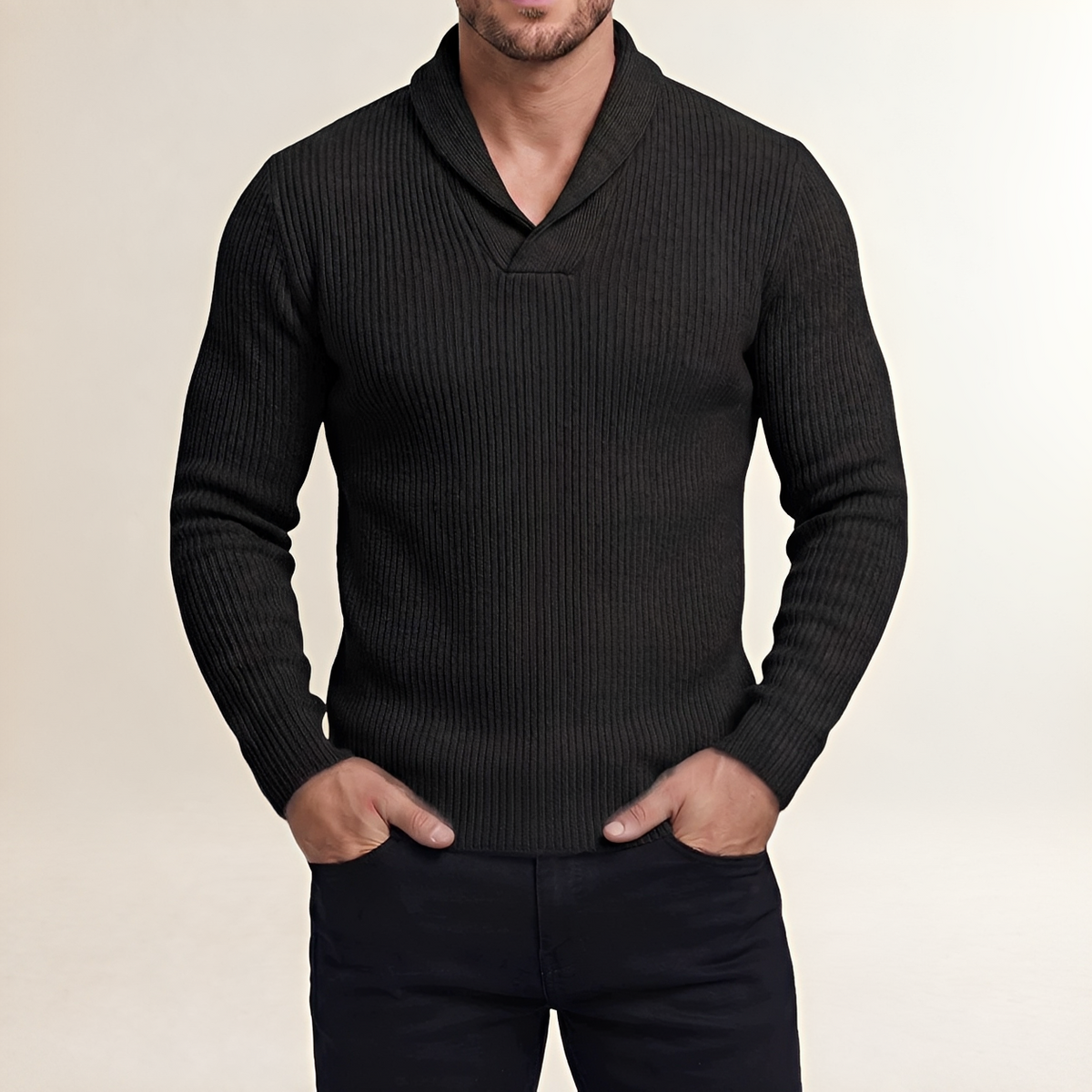 Sweater for Men - Shawl Collar with Ribbed Design and Long Sleeves