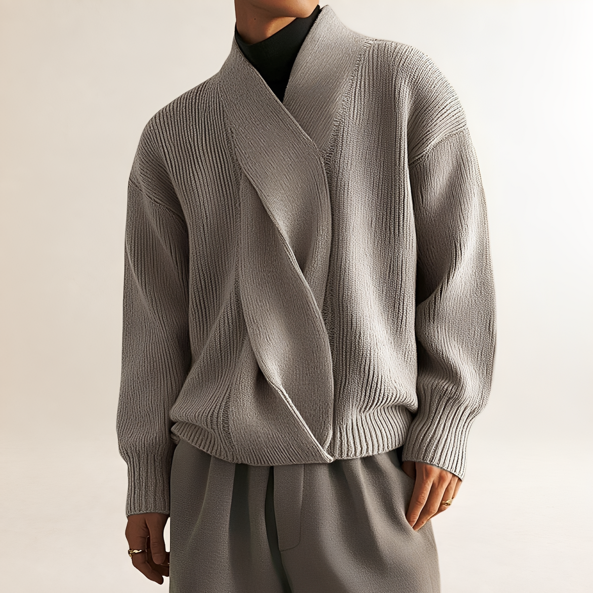 Sweater for Men - Wrap Design with Ribbed Texture and Long Sleeves