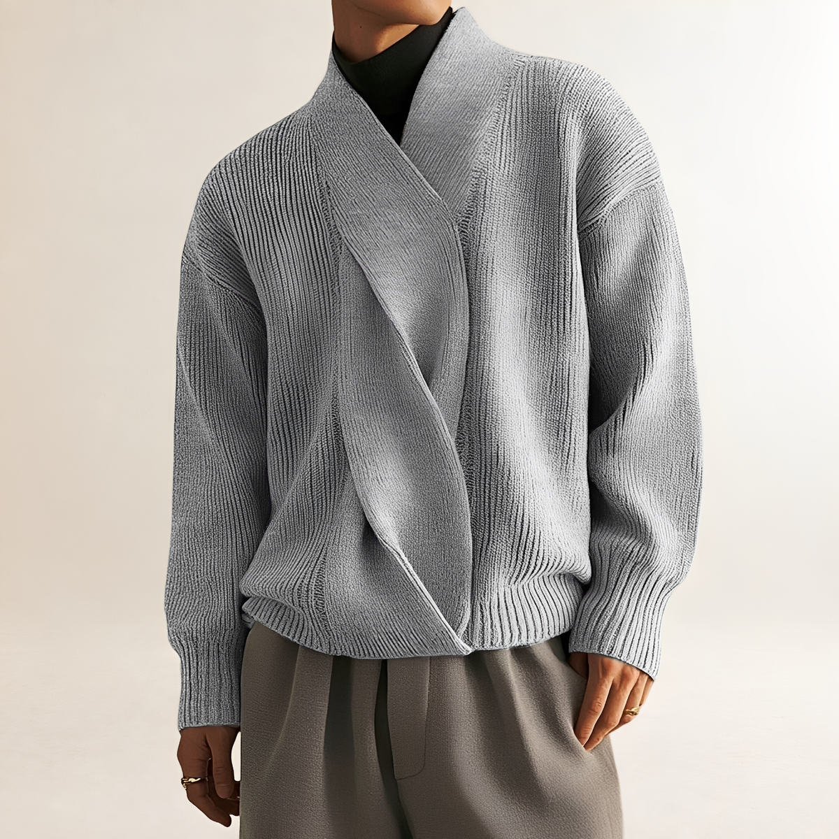 Sweater for Men - Wrap Design with Ribbed Texture and Long Sleeves