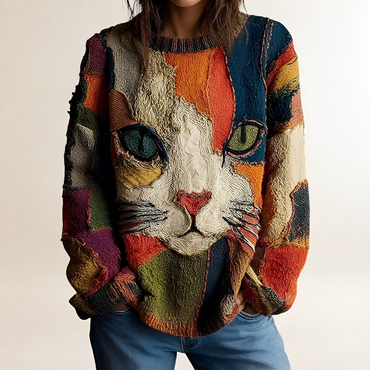 Sweater for Women - Artistic Cat Design with Relaxed Fit and Colorful Pattern