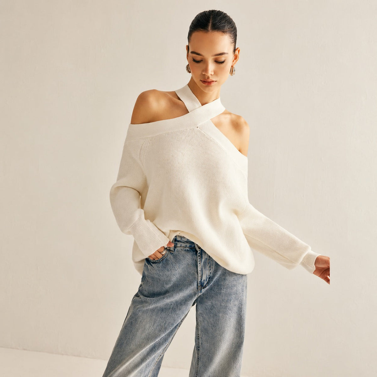 Sweater for Women Cross-Over Collar Cold-Shoulder Relaxed Fit