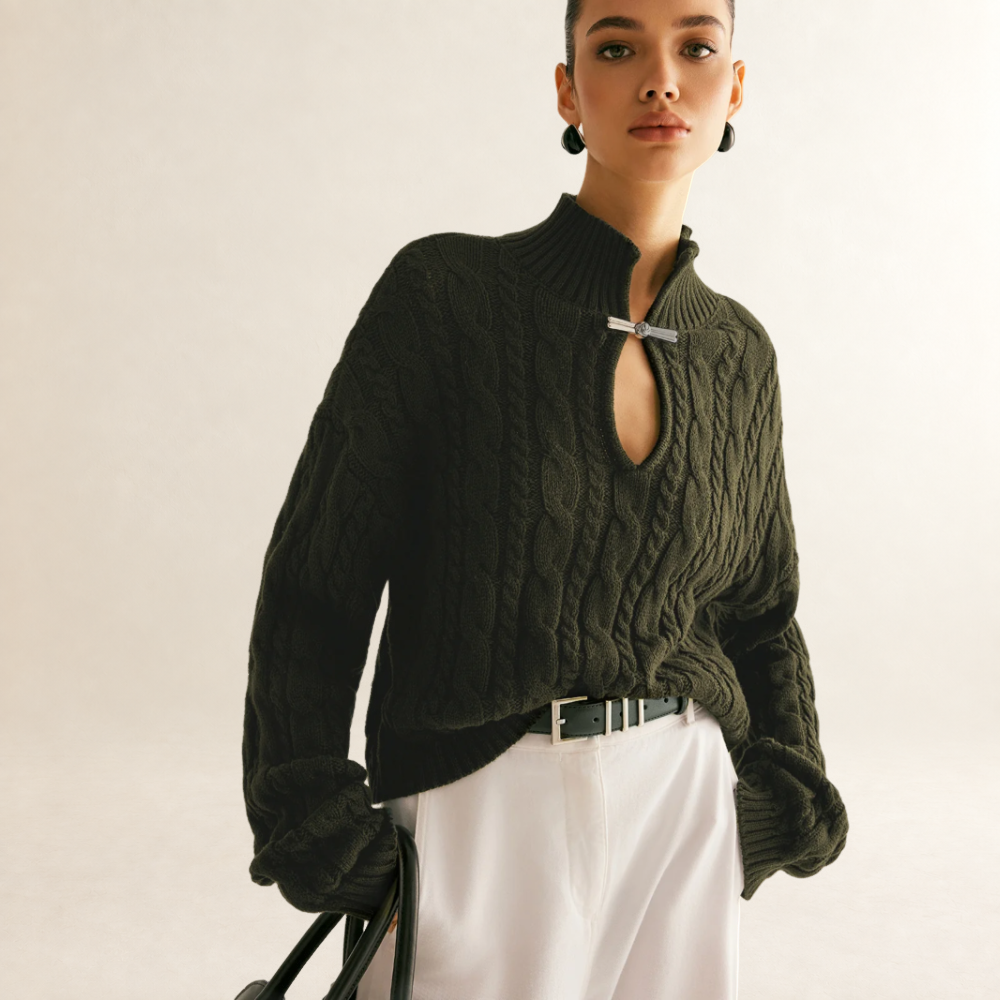 Sweater Women Keyhole Neckline Long Sleeve - Regular Fit High Collar