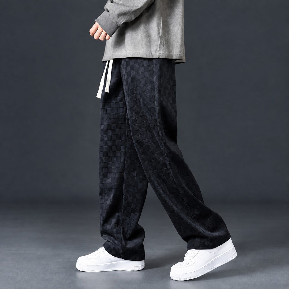 Sweatpants Men Checkered Pattern Elastic Waistband Loose Fit
