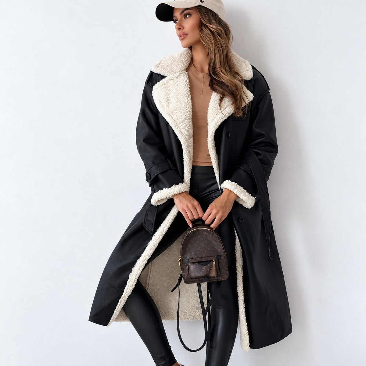 Teddy Coat Women - Double-Breasted, Long Sleeve, Belted Design, Oversized Fit