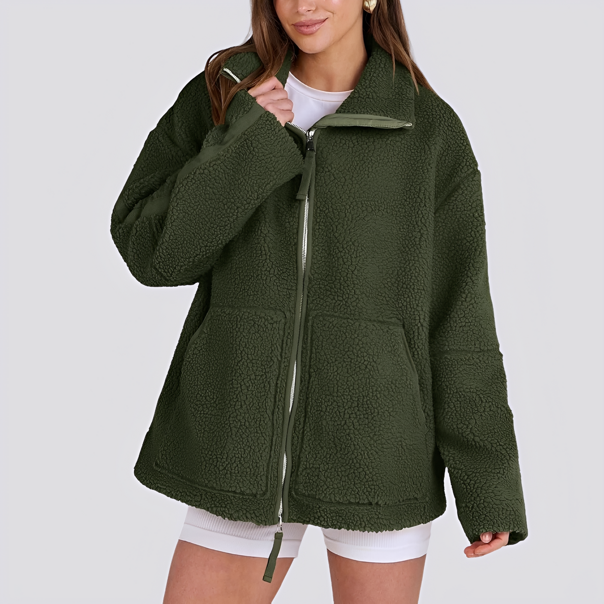 Teddy Jacket for Women - Oversized Fit with Zip Closure and Pockets