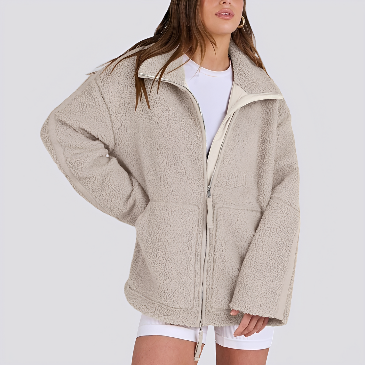 Teddy Jacket for Women - Oversized Fit with Zip Closure and Pockets