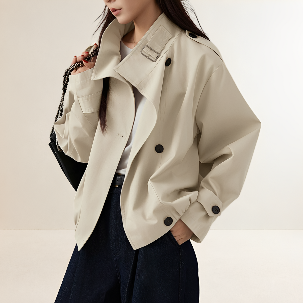 Trench Coat Women Oversized Fit Long Sleeve - Double-Breasted Design