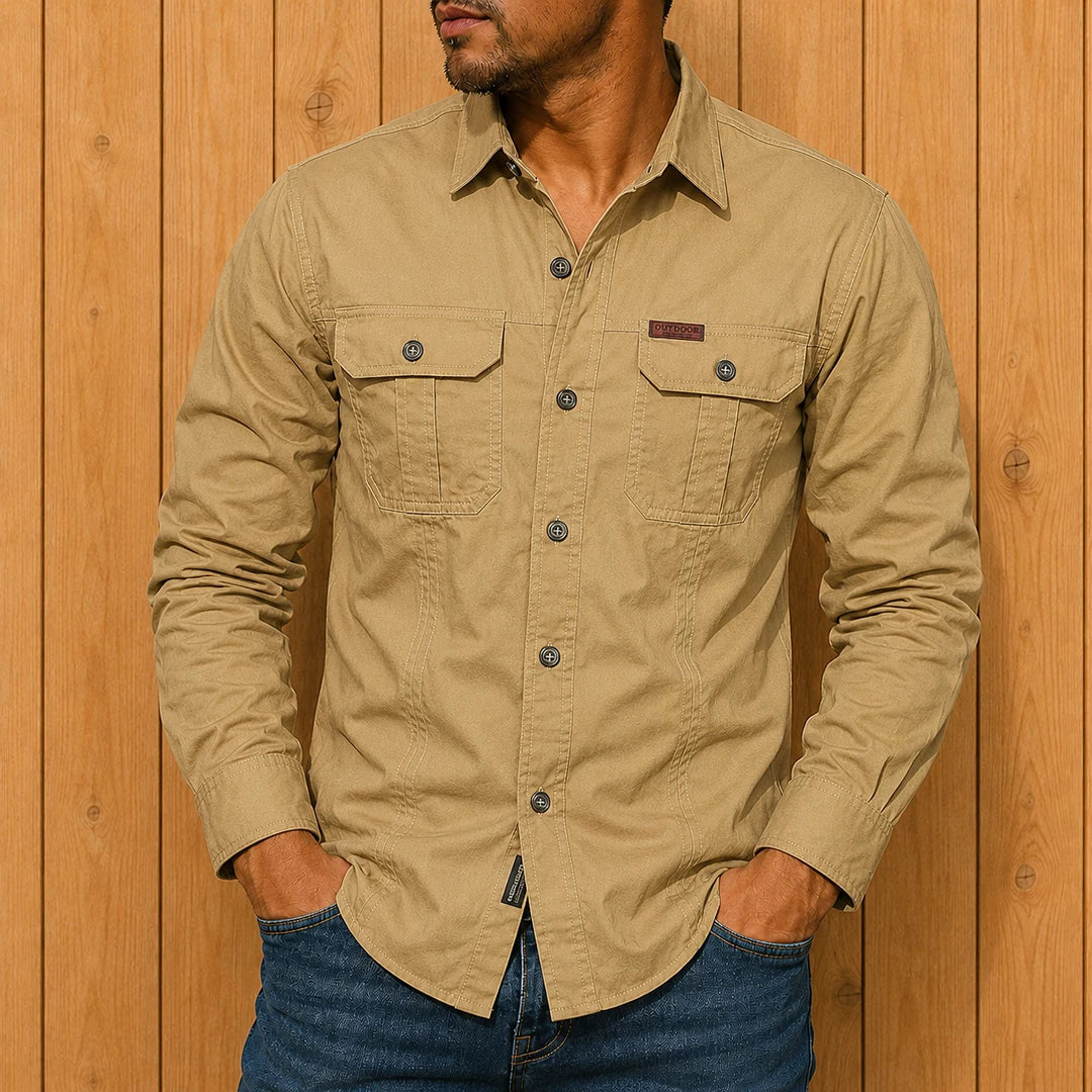 Utility Button-Up Shirt for Men - Long Sleeve, Dual Chest Pockets, Button Closure, Regular Fit