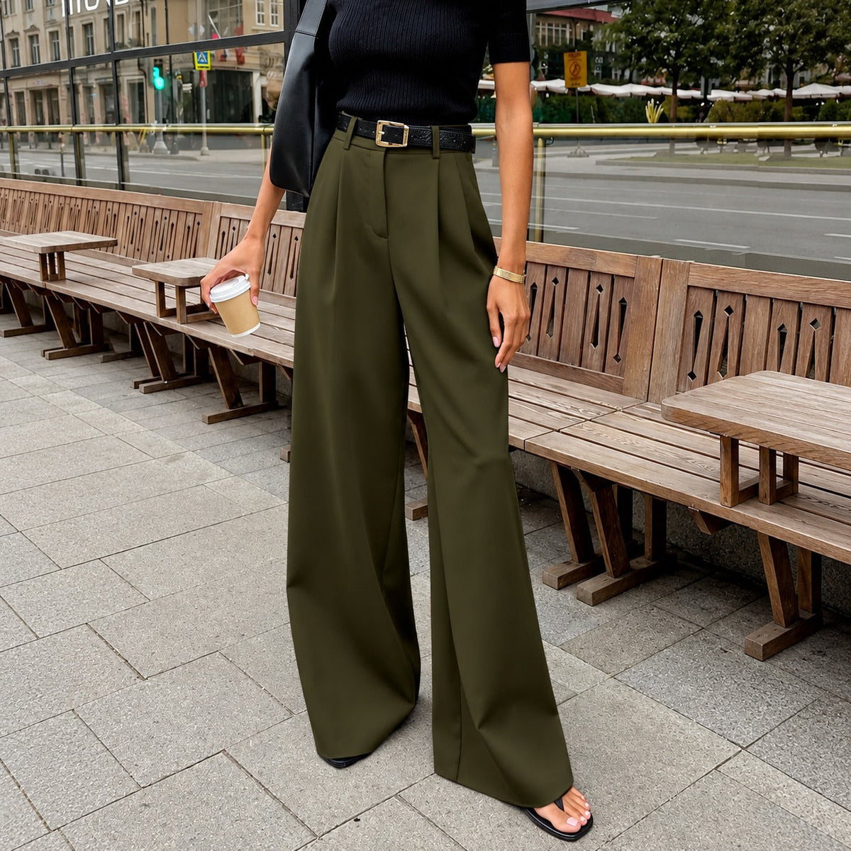 Wide Leg Pants for Women - High Waist, Pleated Design, Regular Fit