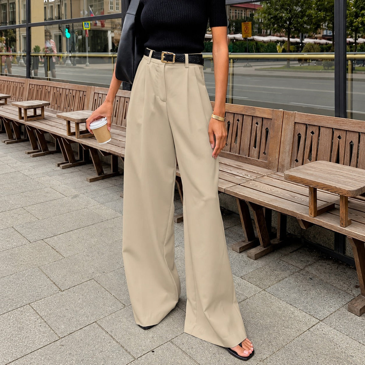 Wide Leg Pants for Women - High Waist, Pleated Design, Regular Fit