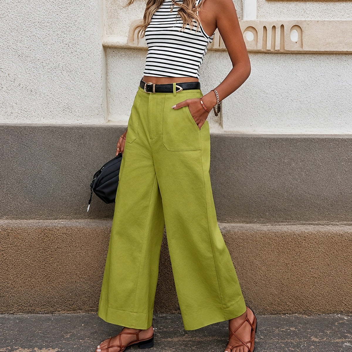 Wide Leg Trousers for Women - High-Waisted with Side Pockets and Relaxed Fit