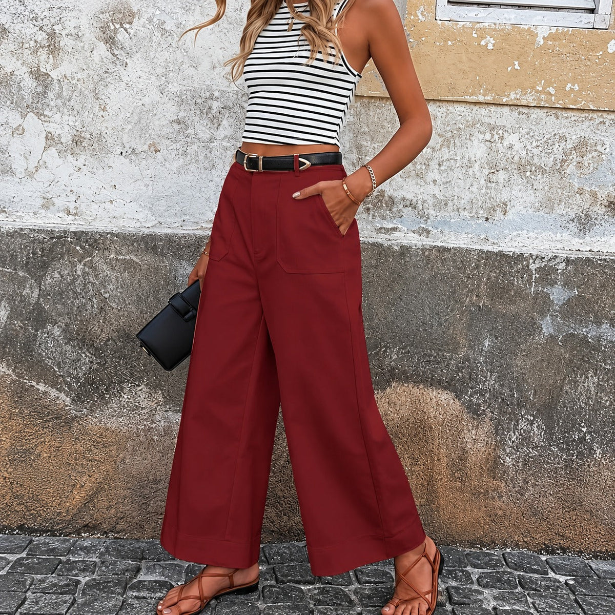 Wide Leg Trousers for Women - High-Waisted with Side Pockets and Relaxed Fit