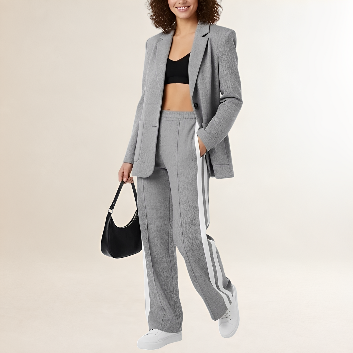Women’s Athleisure Suit Set - Blazer and Wide-Leg Pants with Contrast Stripes