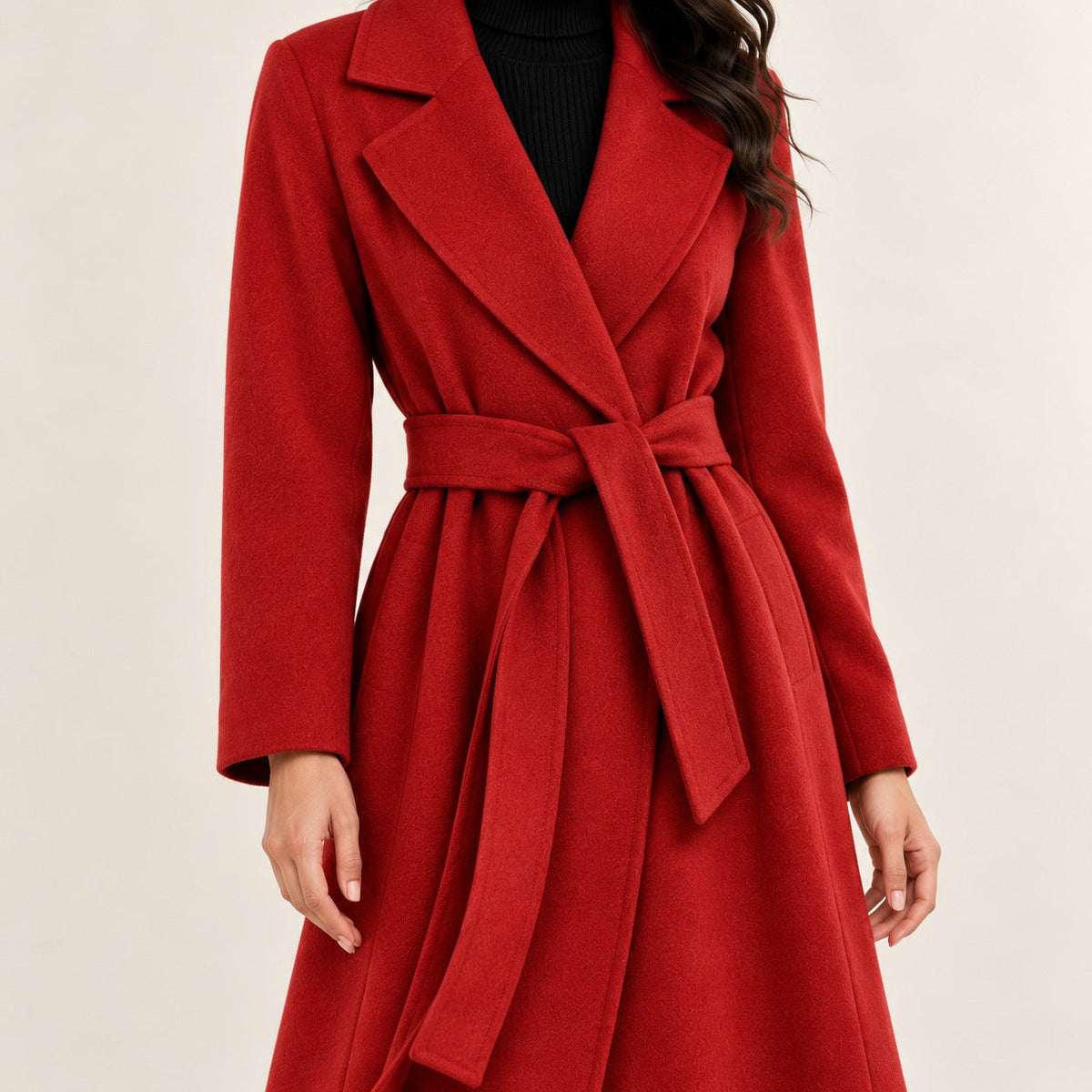Women's Belted Wrap Coat - Notch Lapel, A-Line Silhouette, Long Length