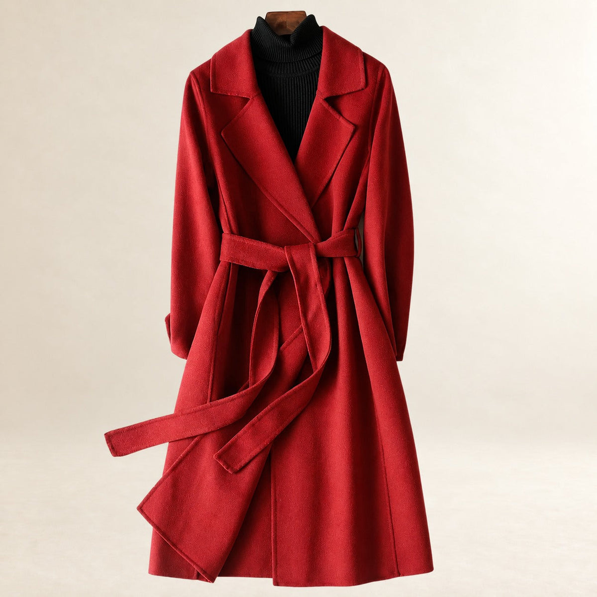 Women's Belted Wrap Coat - Notch Lapel, A-Line Silhouette, Long Length