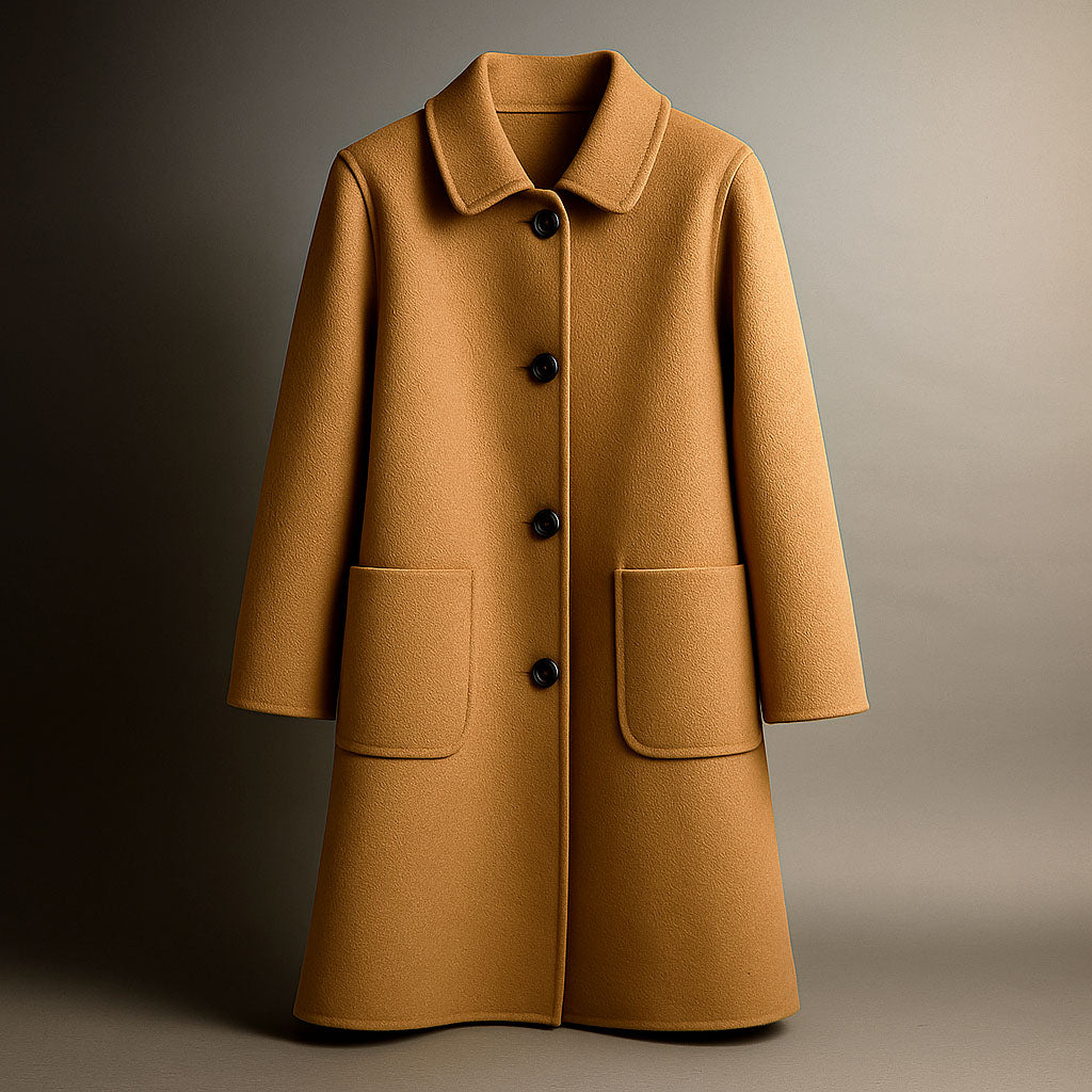 Women's Button-Front Coat with Pointed Collar and Patch Pockets - Straight Cut