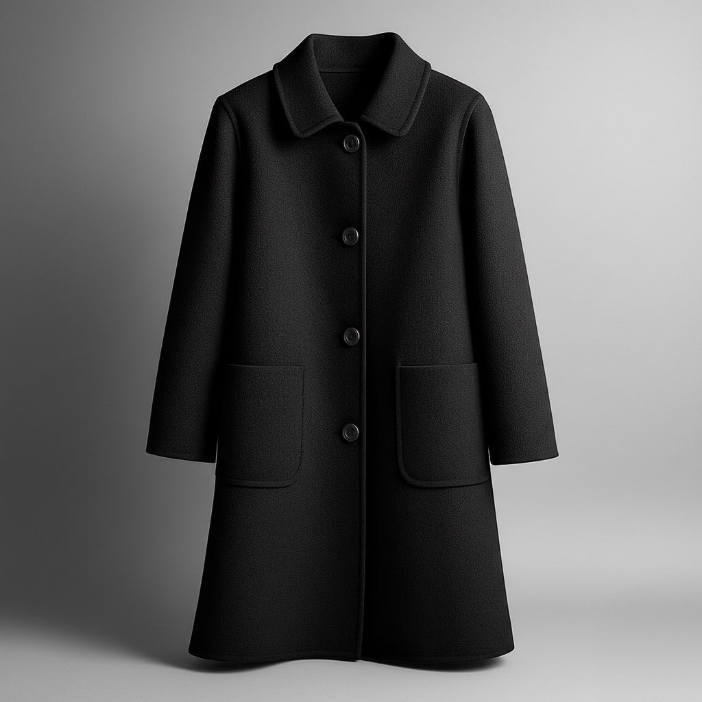 Women's Button-Front Coat with Pointed Collar and Patch Pockets - Straight Cut