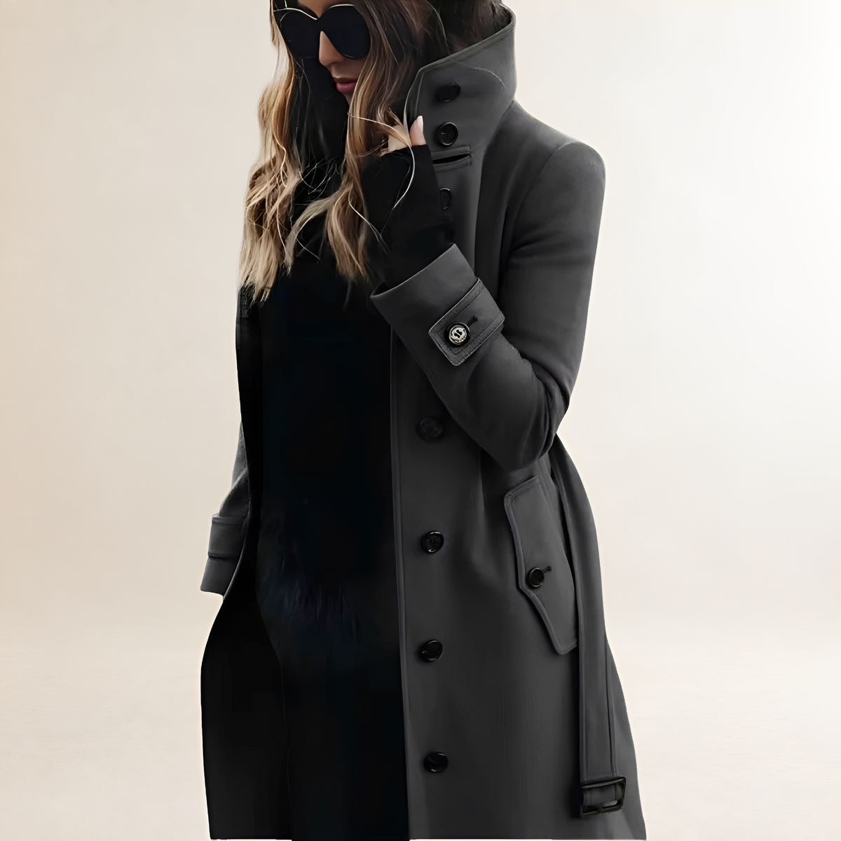 Women's Button Front Trench Coat - High Collar, Long Sleeve, Tailored Fit