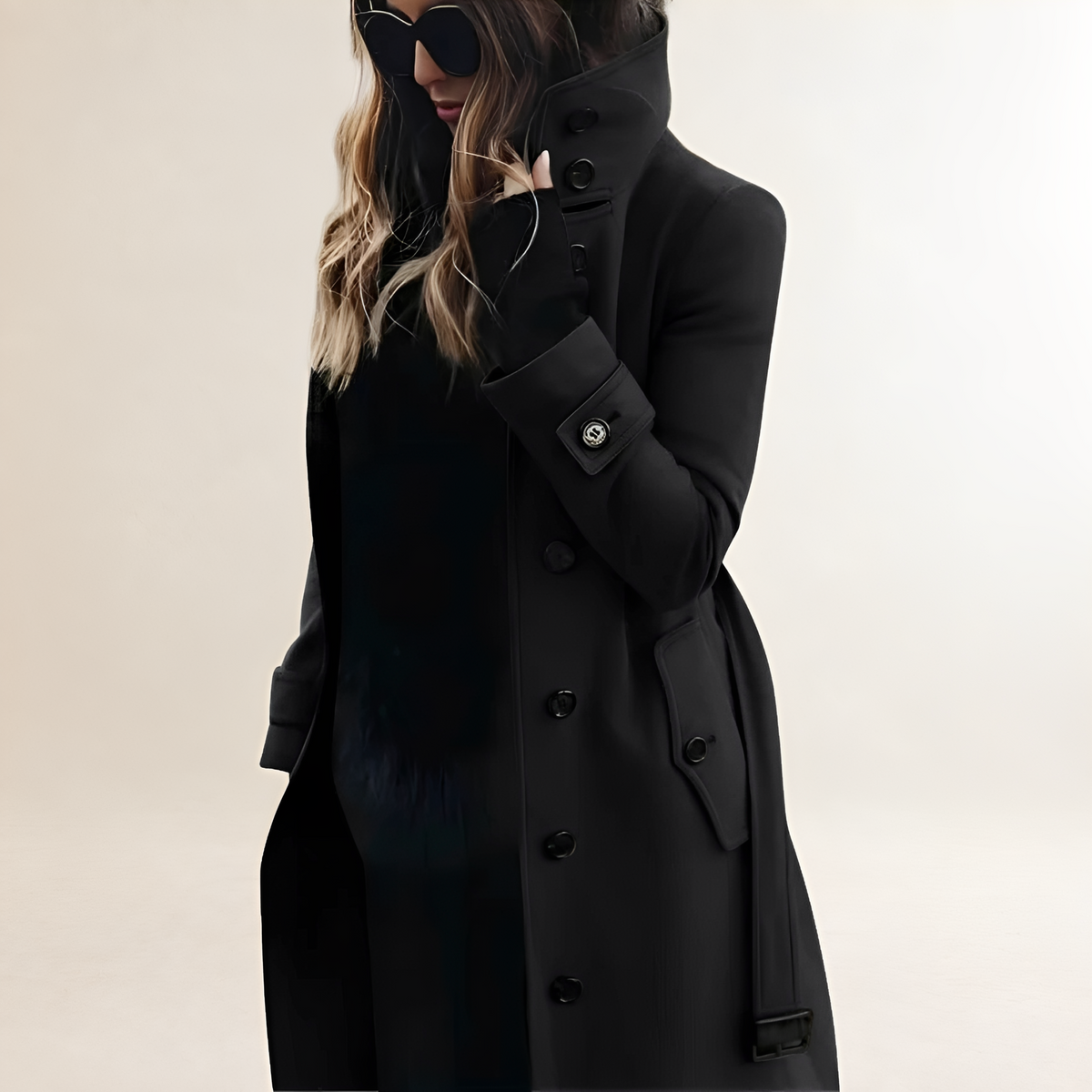 Women's Button Front Trench Coat - High Collar, Long Sleeve, Tailored Fit