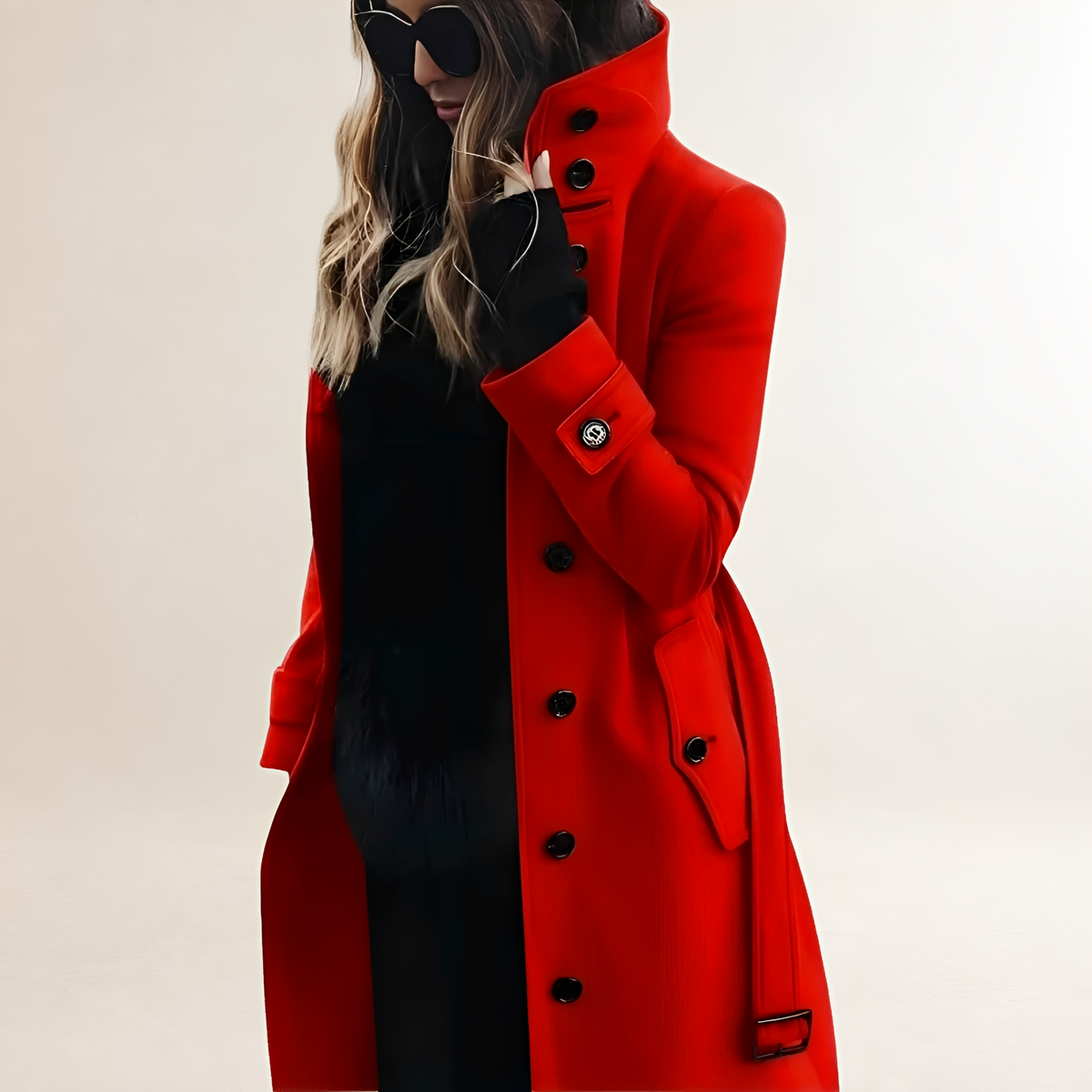 Women's Button Front Trench Coat - High Collar, Long Sleeve, Tailored Fit