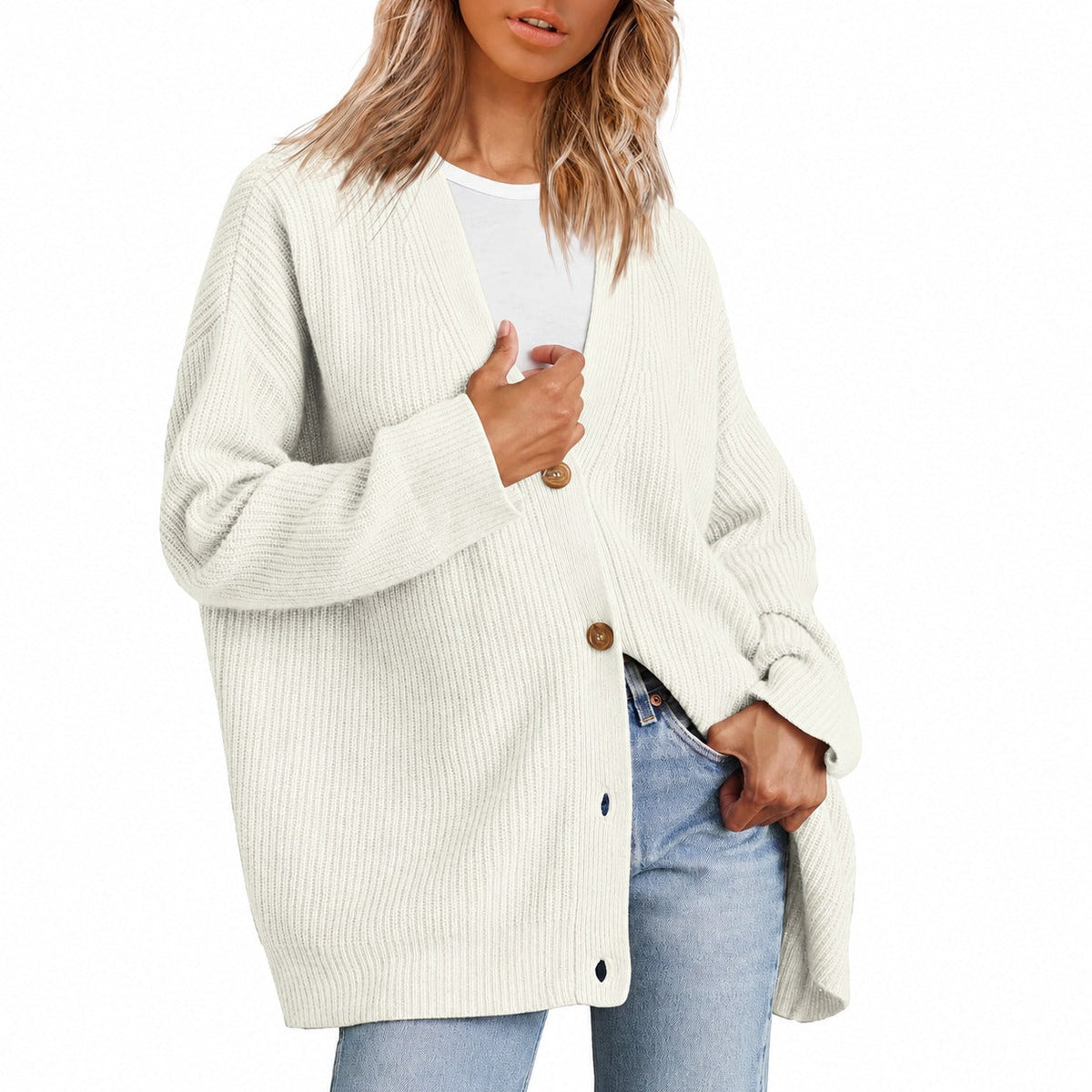 Women's Cardigan - V-Neck with Button Closure and Oversized Fit