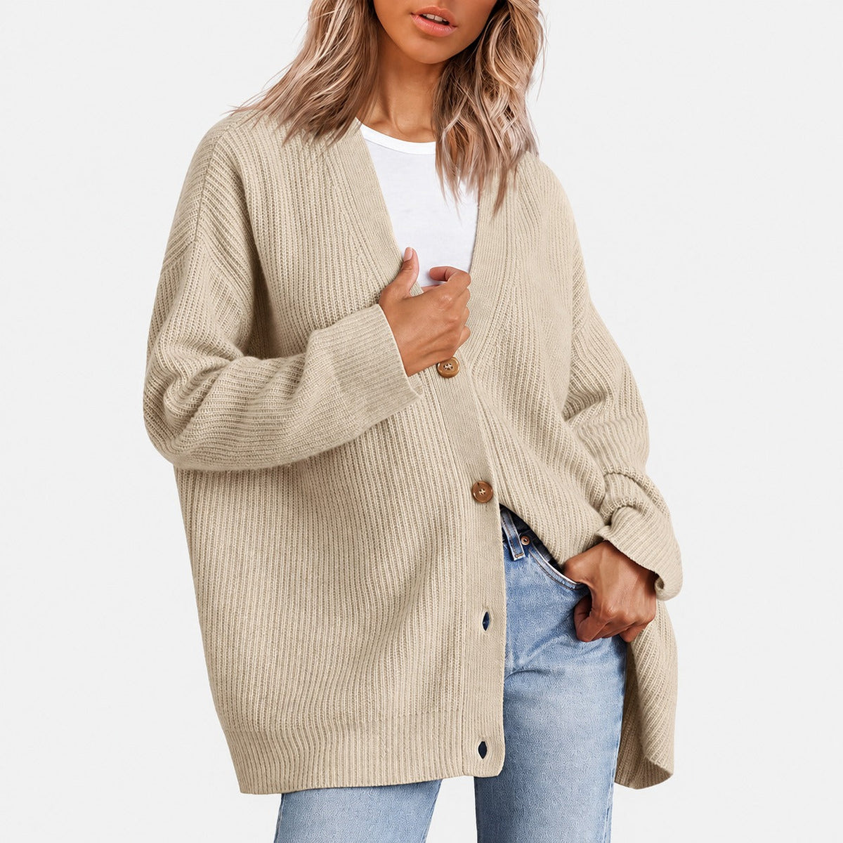 Women's Cardigan - V-Neck with Button Closure and Oversized Fit