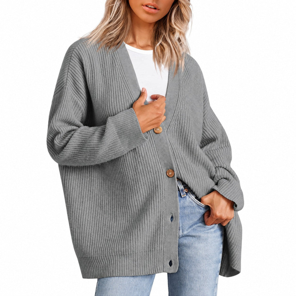 Women's Cardigan - V-Neck with Button Closure and Oversized Fit