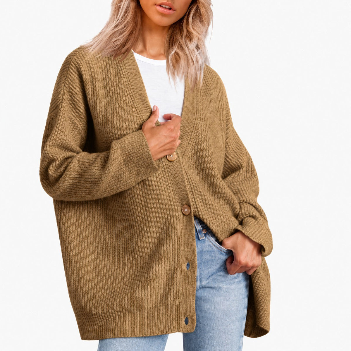 Women's Cardigan - V-Neck with Button Closure and Oversized Fit