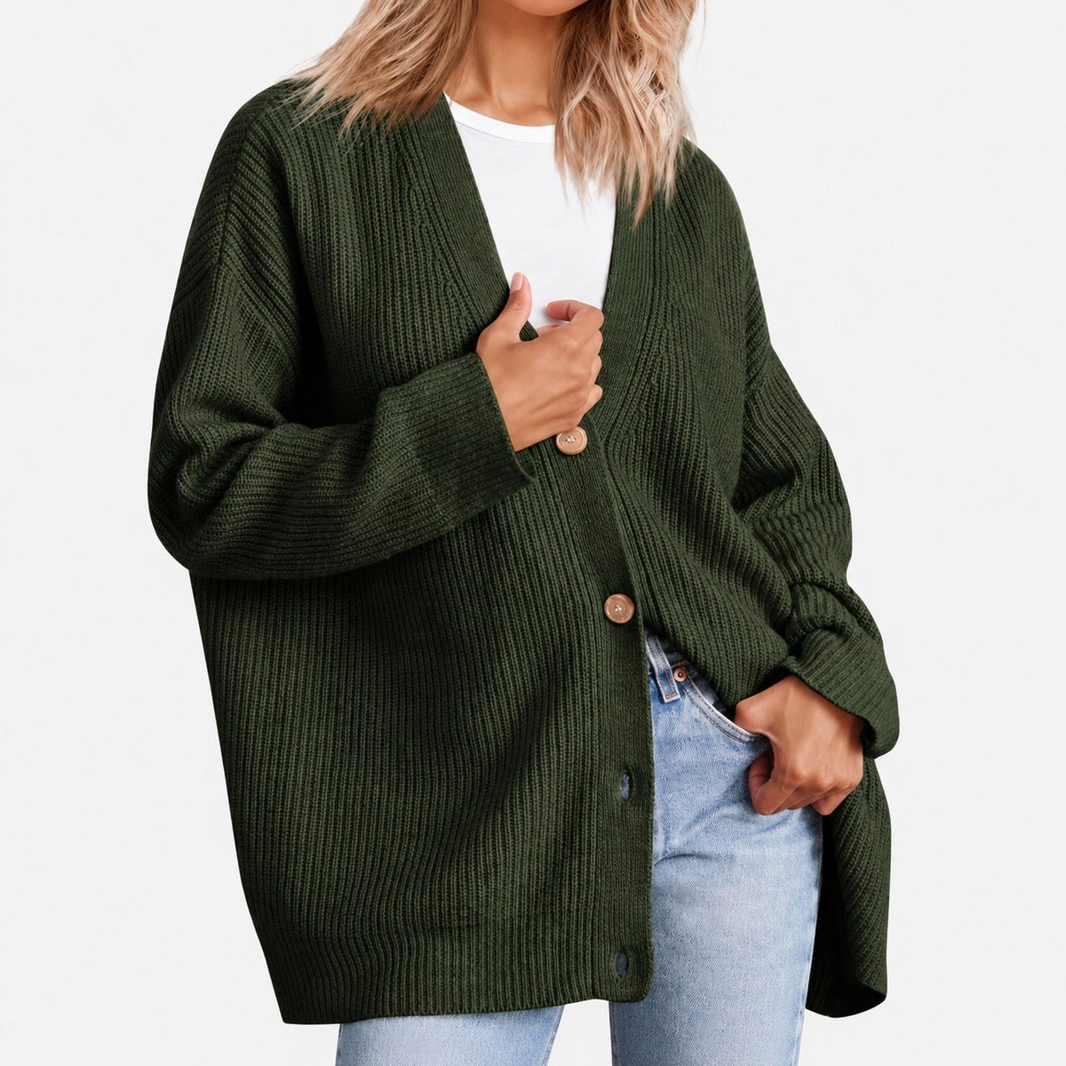Women's Cardigan - V-Neck with Button Closure and Oversized Fit