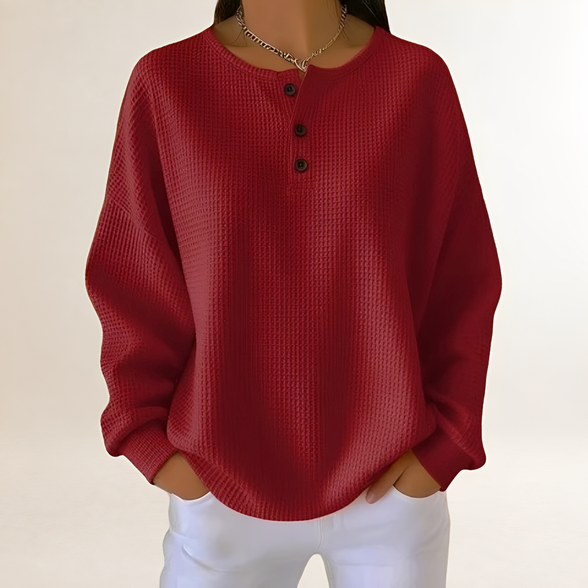 Women's Comfortable Sweater - Relaxed Fit with Henley Button Closure and Casual Style