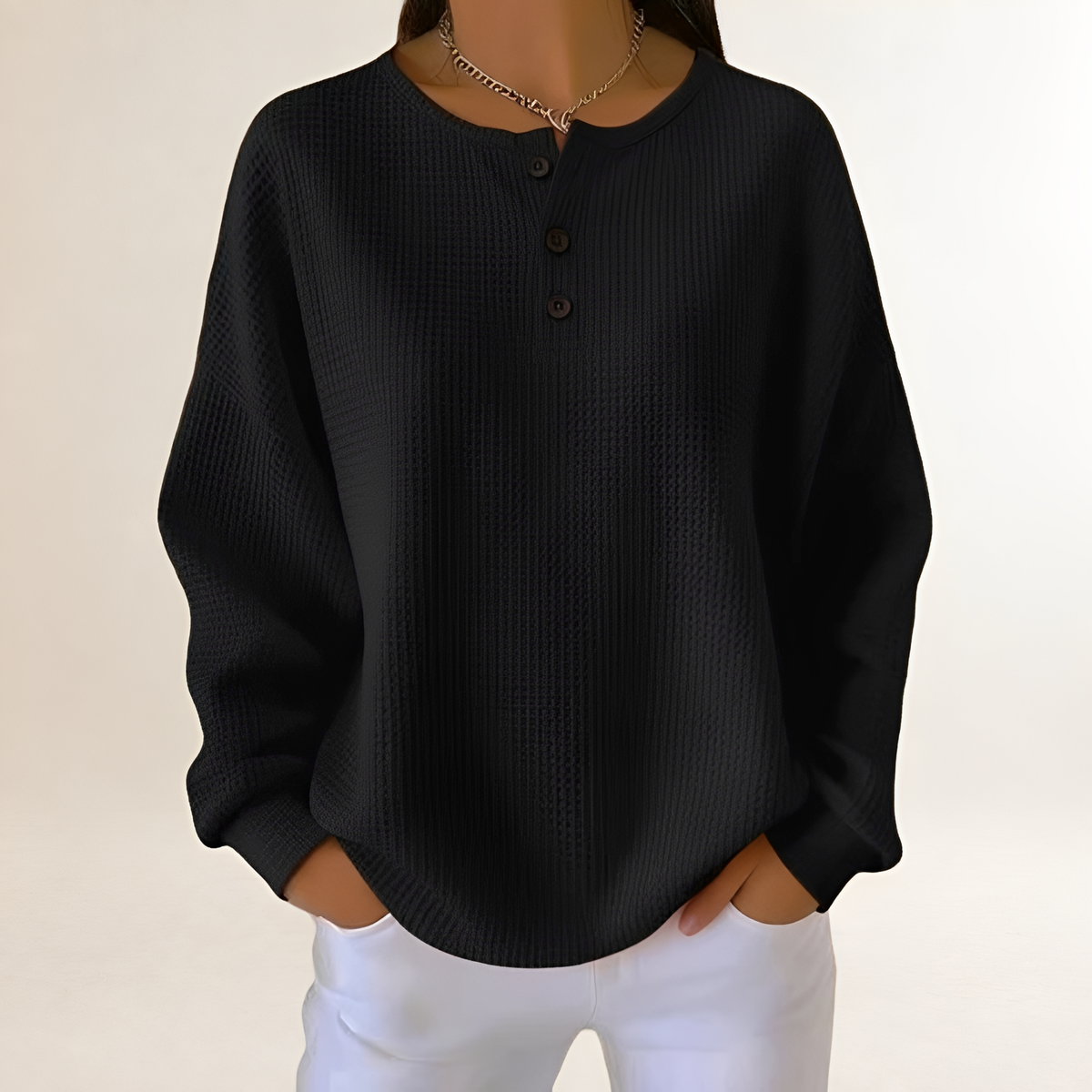 Women's Comfortable Sweater - Relaxed Fit with Henley Button Closure and Casual Style