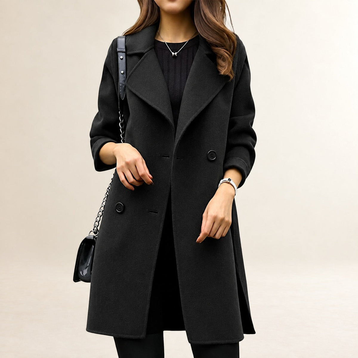 Women's Double-Breasted Coat - Classic Lapel, Tailored Fit, Mid-Length