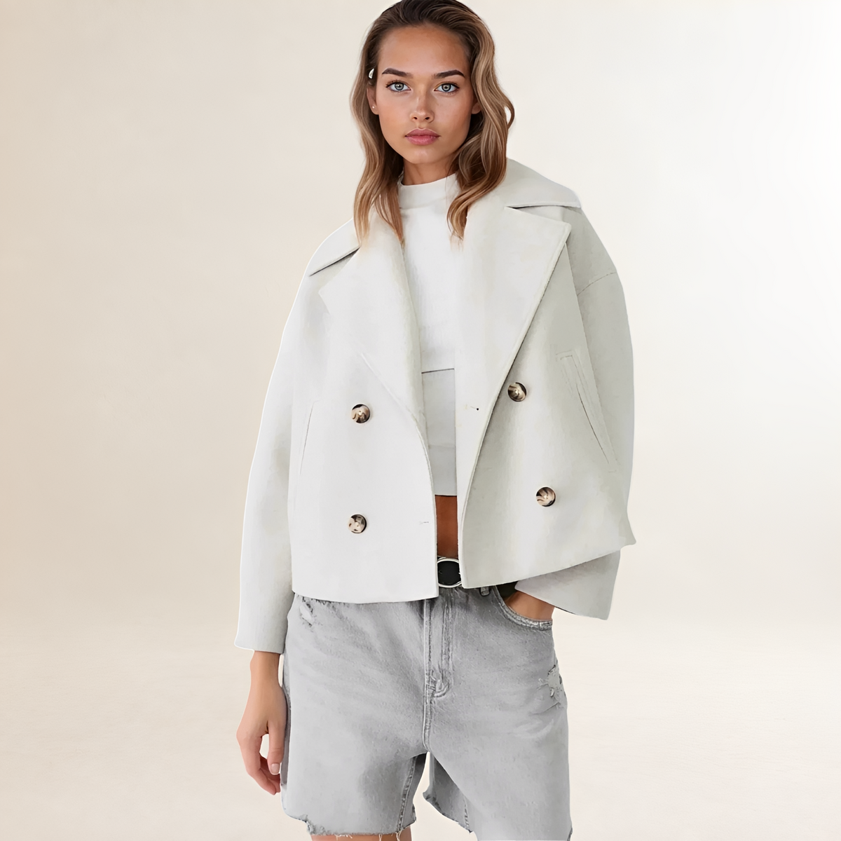 Women's Double-Breasted Jacket - Cropped Design, Notched Collar, Button Closure