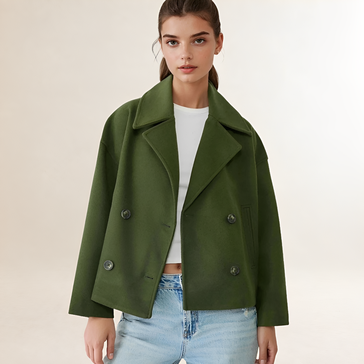 Women's Double-Breasted Jacket - Cropped Design, Notched Collar, Button Closure