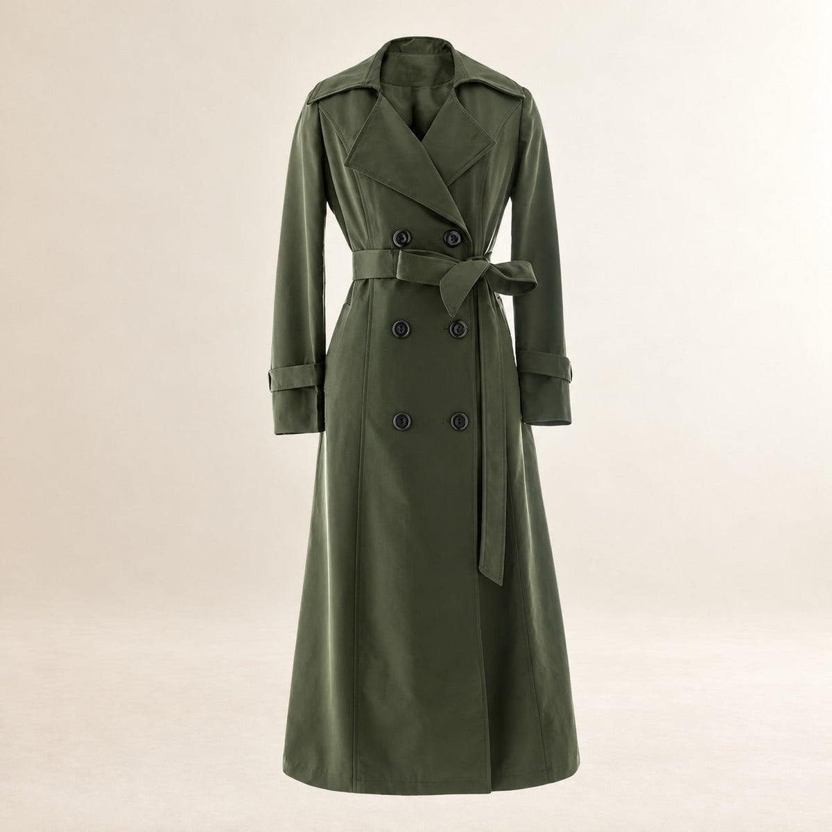 Women's Double Breasted Long Trench Coat - Belted, Maxi Length, Notch Lapel